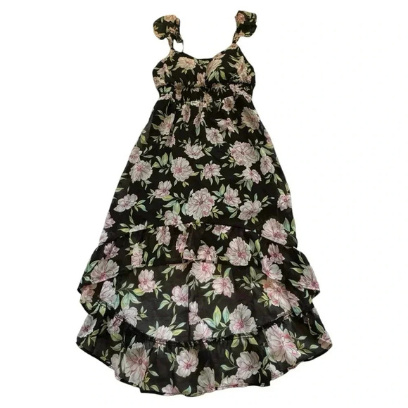 NWOT No Boundaries Juniors Hi Low Black Pink Floral Sheer Ruffle Dress Size L - Picture 10 of 15